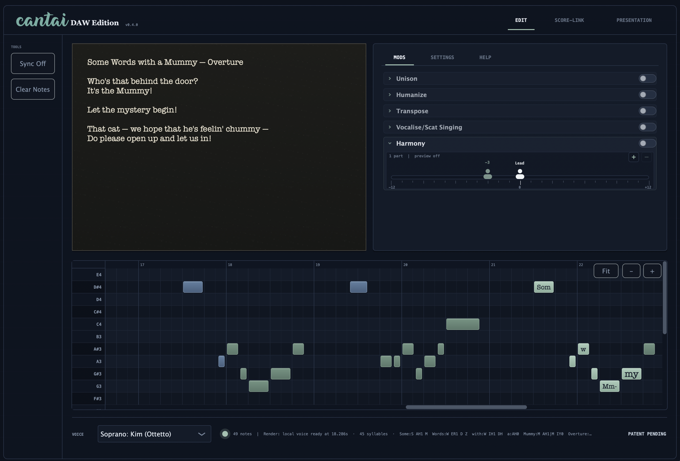 Cantai DAW Edition: the lyric notebook, MODs panel, and melody map with syllables placed on notes