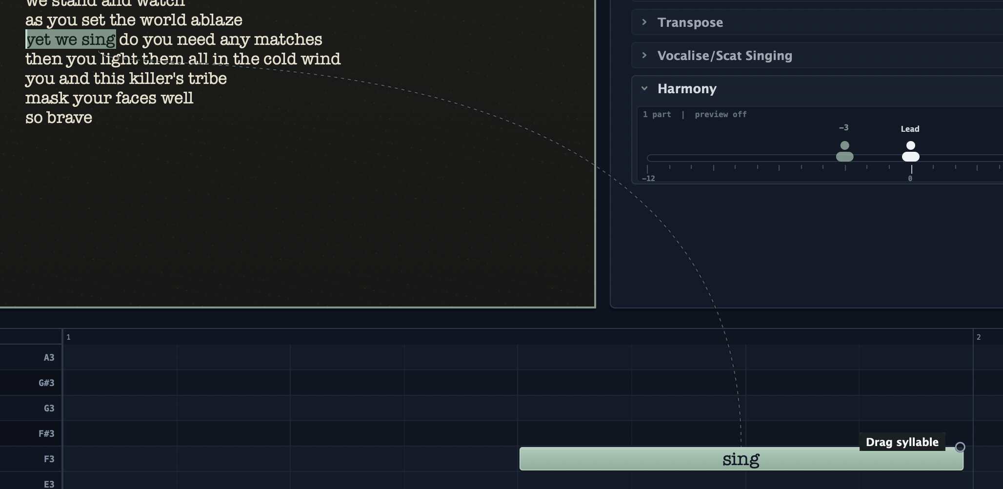 A selected lyric connected to its assigned note while it is dragged in Cantai DAW Edition